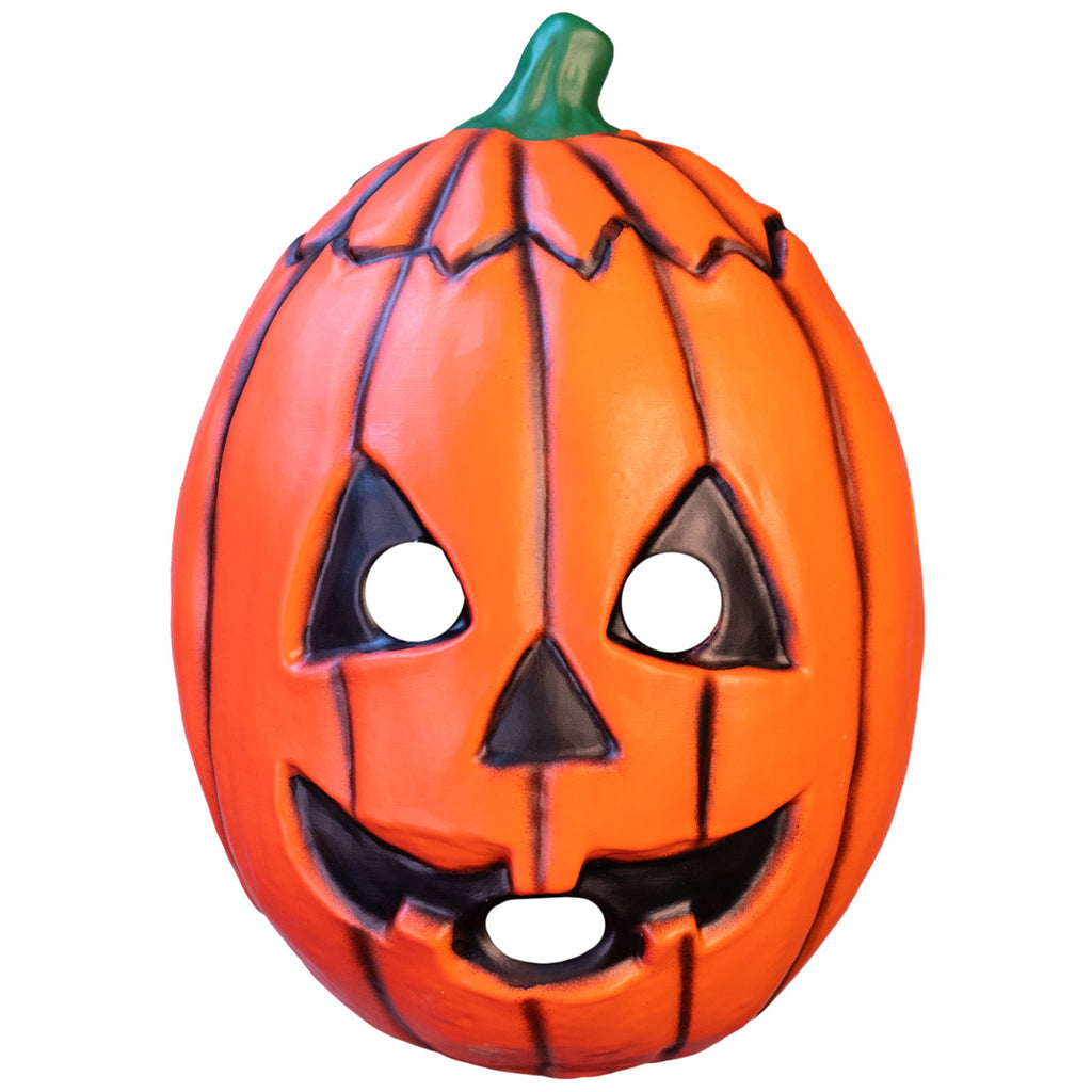 Plastic face mask, front view. Orange jack o' lantern face, cut top with green stem, black triangle eyes and nose, black smiling mouth.