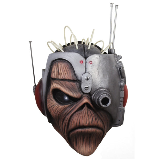 Mask, front view.  Eddie black right eye, silver space helmet with wires and antennae, covering head and left eye, red headset.,