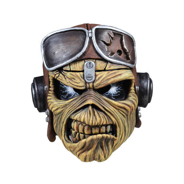 Mask, front view. Iron Maiden Eddie, black eyes with lightening, wearing aviator helmet and headphones. Scowling mouth.