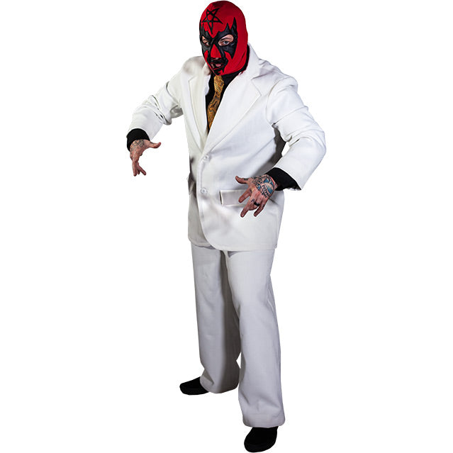 Person wearing Black Satan costume. Red and black mask, white suit jacket, and pants, black shirt, gold necktie.