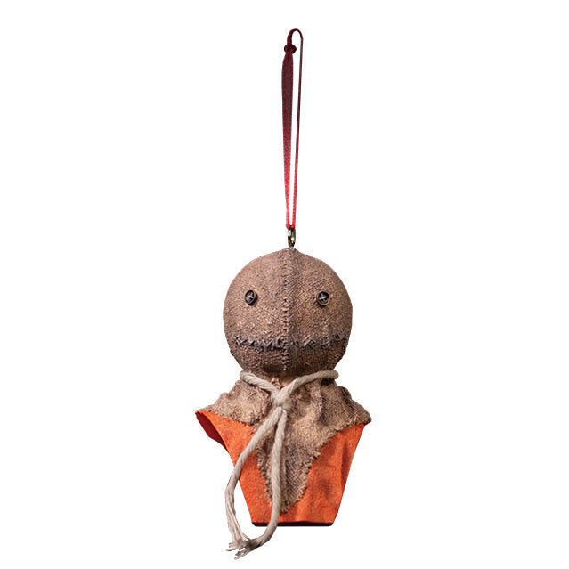 Ornament. Trick r' Treat Sam bust, head shoulders and upper chest.  Head is a stitched burlap sack, Button eyes, stitched mouth, rope tied around neck, orange shirt.