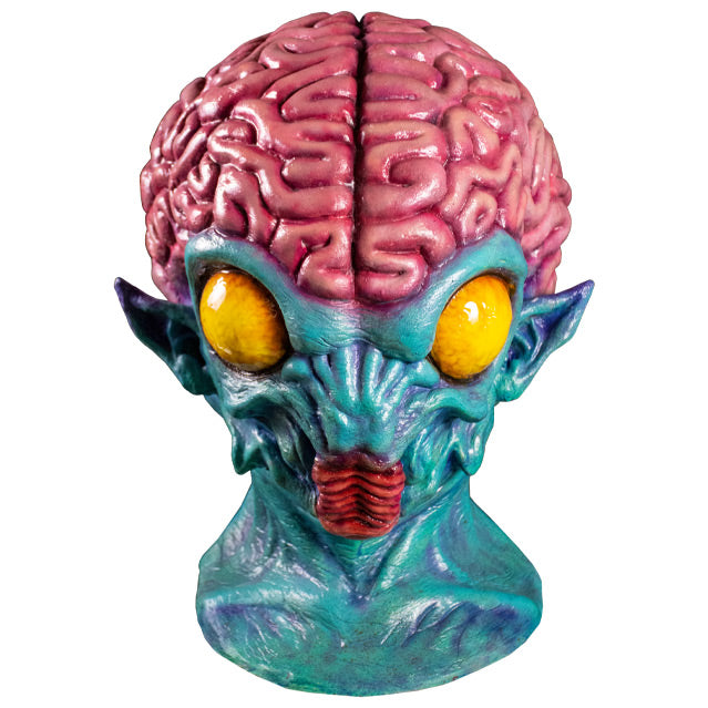Mask, head and neck, front view.  Pink brains above forehead, blue skin on face, pointed ears. large round yellow eyes, insect-like red mouth, skin wrinkled on lower face.