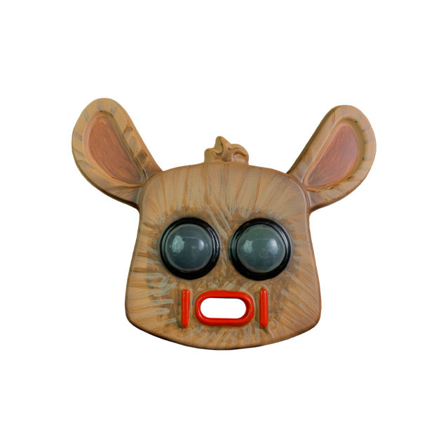 Vacuform plastic mask.  Brown creature with large rounded ears, large black round eyes, red and white mouth.