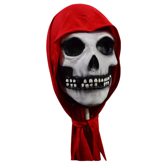 Mask slight right view. Skull face, wearing red hood.