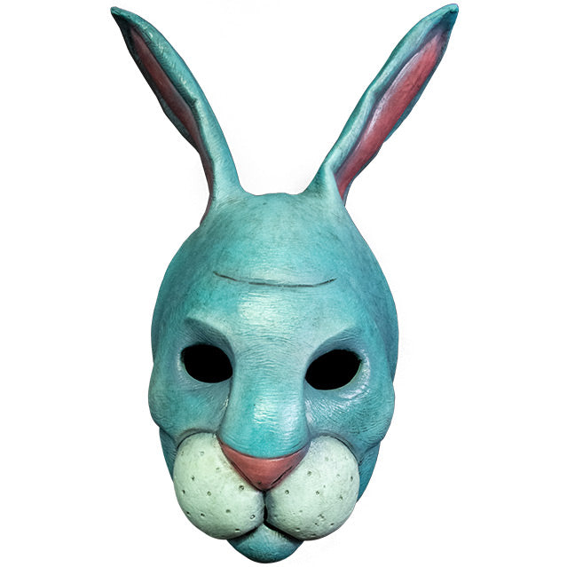 Mask. Front view.  Light blue rabbit face and upright ears.  Pink nose and inside of ears.  Full round rabbit upper lip, white with whisker spots.