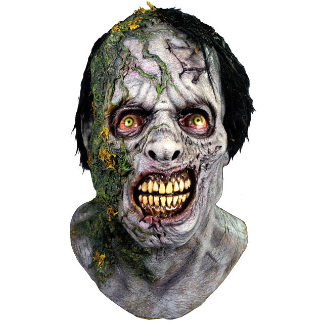 Mask, head and neck.  Front view.  Gray decayed flesh, short black hair.  Moss on right side of forehead, face and neck.  Dark circles around bloodshot yellow eyes.  lips shriveled showing dark gums and large yellowed teeth.