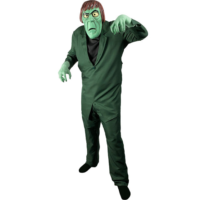 Person wearing creeper mask and costume.  Green mask, brown hair, black shirt under green suit coat, green pants.