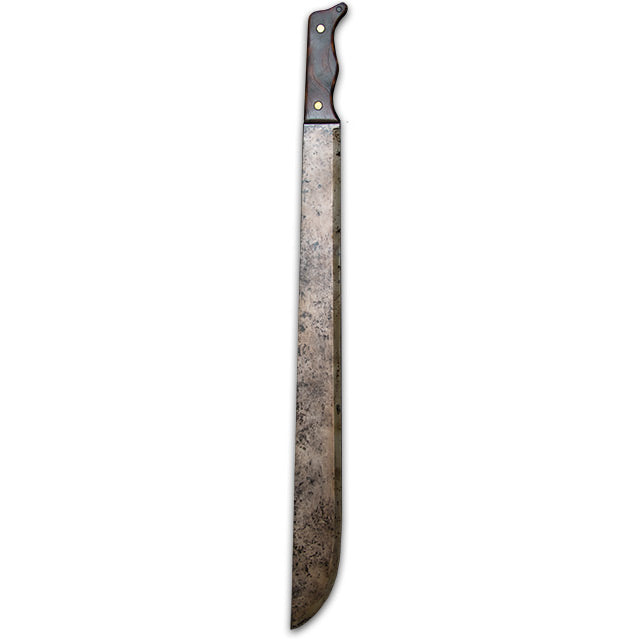 Machete prop.  Black handle, distressed metal finish blade