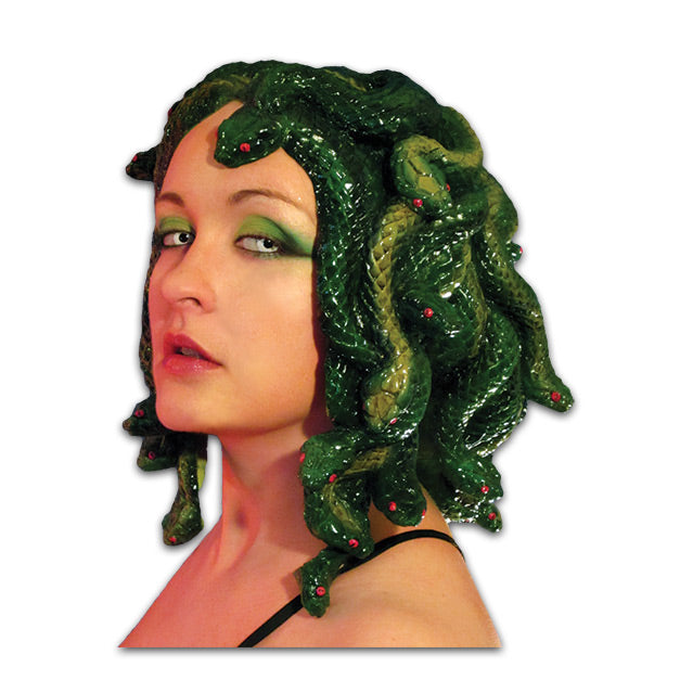 Latex wig.  Woman wearing wig made of green snakes.