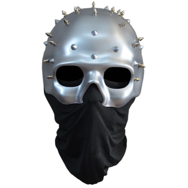 Plastic mask. Head and neck. Silver upper skull, top of head to cheekbones, several metal spikes on head. black cloth face covering below nose hole to neck.