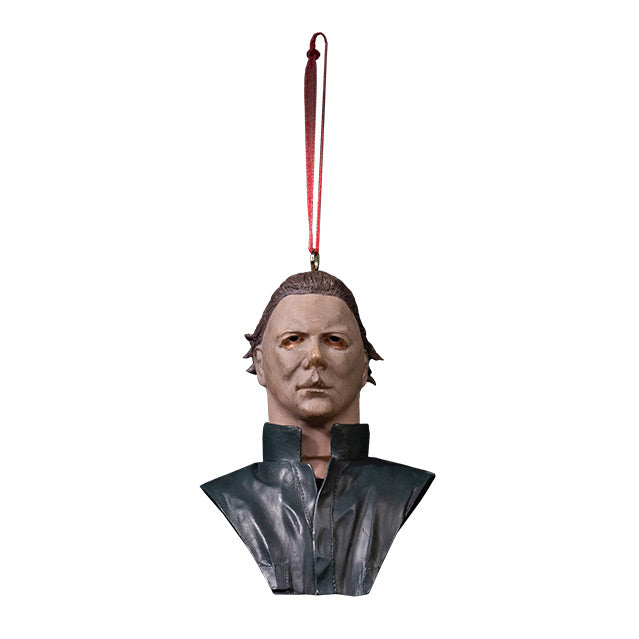 Ornament. Michael Myers bust. Head neck and chest, Tan mask, brown hair, black shirt under dark coveralls.