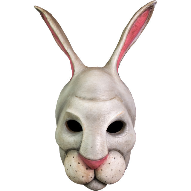 Mask. Front view. Gray-white rabbit face and upright ears. Pink nose and inside of ears. Full round rabbit upper lip, white with whisker spots.