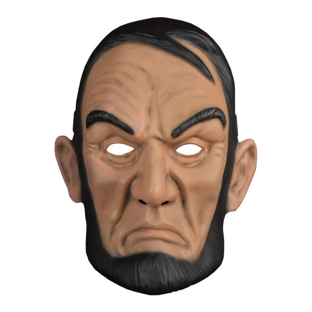 Plastic face mask.  Front view.  Frowning Abraham Lincoln face. Black hair, black eyebrows, black beard and sideburns without a moustache, large ears.
