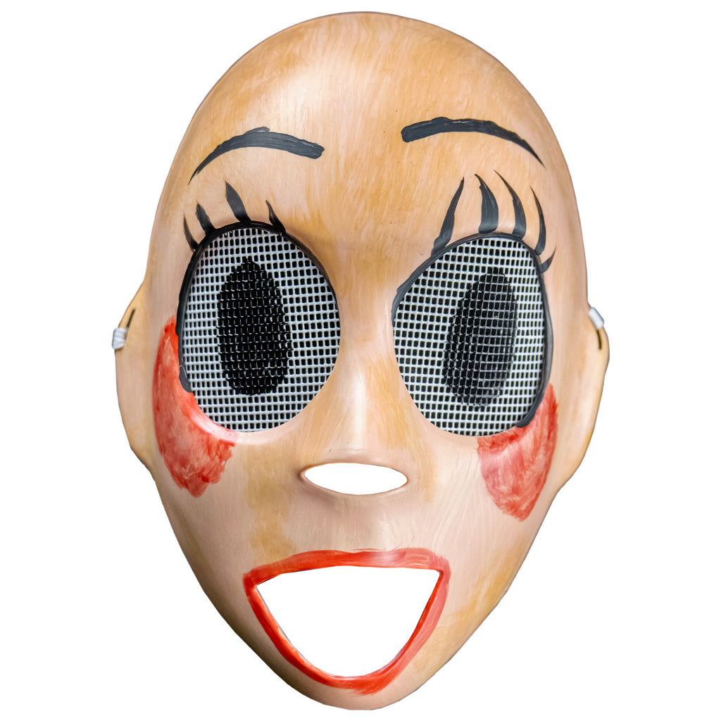Plastic face mask, front view. Pale tan, roughly painted nondescript face, holes for nose and mouth. Large black lined eyeholes covered in white screen, large black pupils painted on. painted on black eyelashes and eyebrows. Smeared red blush on cheeks, messy red lipstick around wide open mouth hole. 