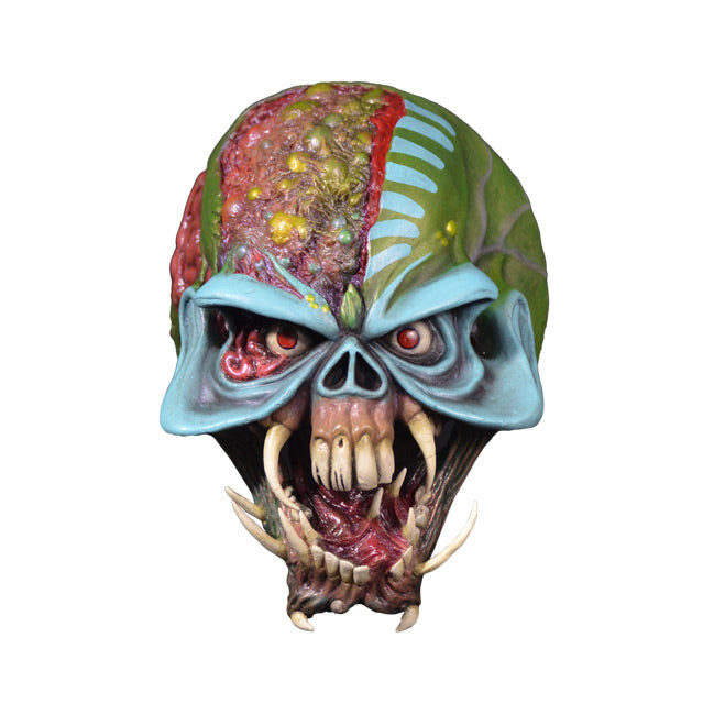 Mask, front view. Iron Maiden Eddie, red eyes, multi colored skull like face, Monstrous alien mouth.