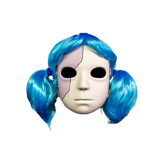 Plastic Mask, front view. Gray and white face, blank expression, large black eyes. Blue wig in two ponytails.