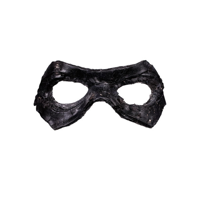 Black eye mask. Front view. Textured to look like distressed and aged leather.