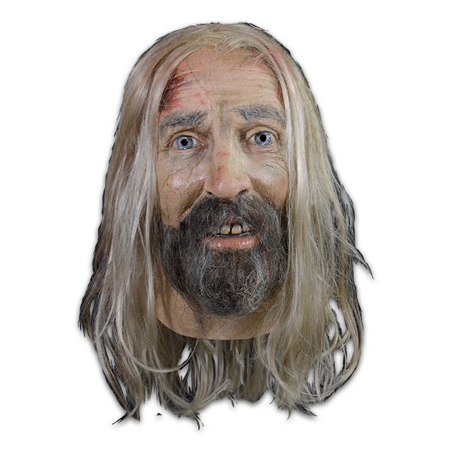 Mask, head and neck. Man with long gray hair, bruise on right side of forehead, bushy gray eyebrows, blue eyes, full gray beard, mouth slightly open showing upper teeth.