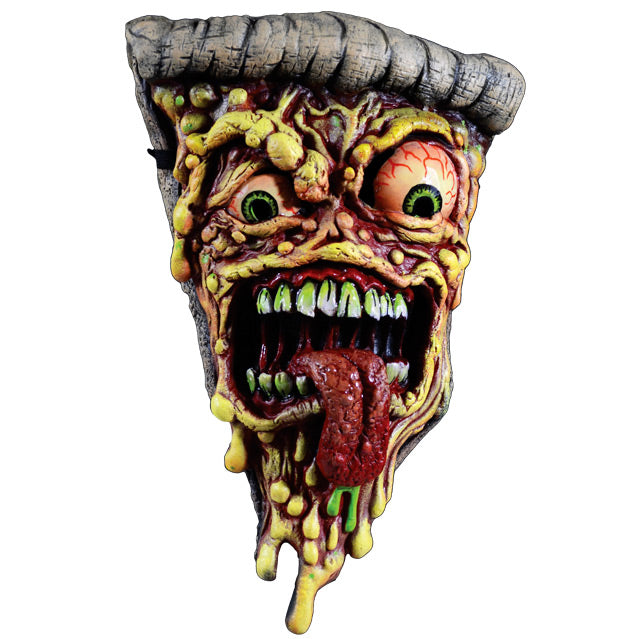 Mask, front view.  Gross pizza face, bloodshot green bulging eyes, open mouth, green stained cracked teeth, tongue sticking out, bubbly dripping cheese.