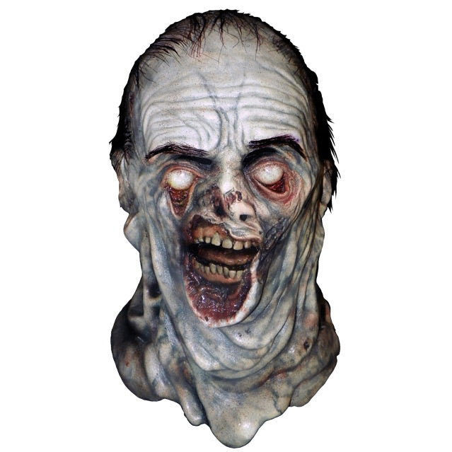 Mask, head and neck, front view. Short black hair, black eyebrows. Blue-gray waterlogged, wrinkled and rotten skin, sagging below white eyes down to neck. Gory under eyes and around mouth. Lips sagging open showing teeth, gums and tongue.