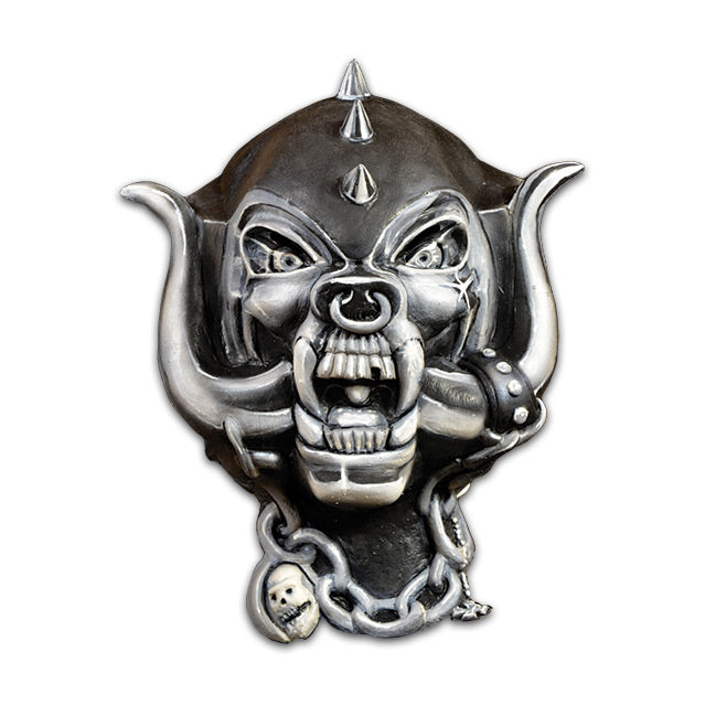 Mask, head and neck.  Metallic finish, silver.  Pig face with giant tusks, spikes on head, ring in nose. Chain on neck, with skull and iron cross pendants.