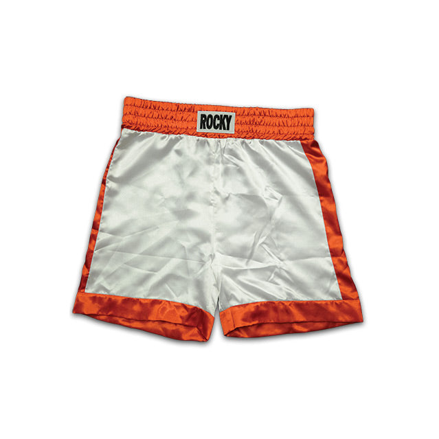 Boxing trunks, white with orange trim on waistband, sides and cuffs.