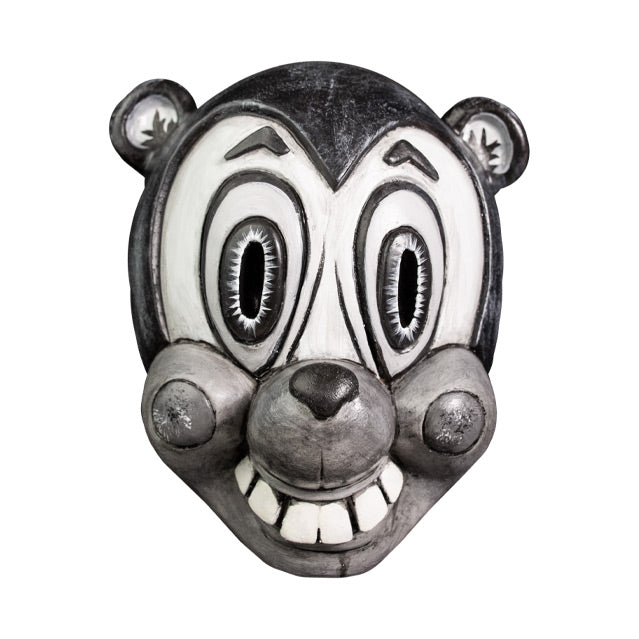 Mask, front view. Grayscale, cartoonish Bear face, black head, small round ears, large tall oval eyes, small dark nose, gray muzzle, large smile showing squared teeth, circles on cheeks.