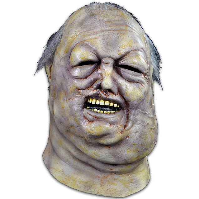 Mask, head and neck, front view.  Blue and yellow discolored skin.  Rotting and bloated waterlogged flesh.  Salt and pepper hair.  Eyes nearly swollen shut, deformed nose, mouth slightly open showing teeth.