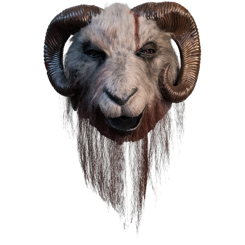 Mask, front view.  Goat head, white and brown fur, brown eyes, curved, brown horns.
