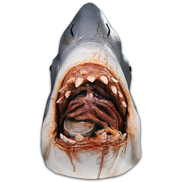 Jaws mask, front view. Shark head with bloody open mouth, rows of sharp teeth, canister in throat.