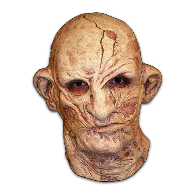Mask, front view, head and neck.  Flesh has burn scars, disfigured face and ears, bald.
