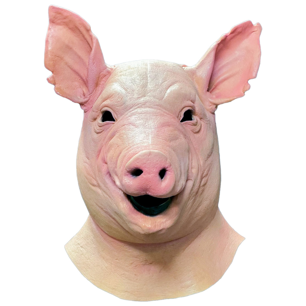 Mask, head and neck, front view.  Pink pig face, mouth slightly open.