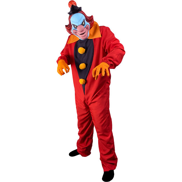 Ghost clown costume. Person in  clown mask, blue face, red hair, black hat, large pink nose and lips, wearing red jumpsuit, orange collar and gloves. Purple patch on chest with orange pompoms. 