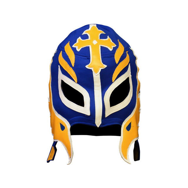 Front view. Blue cloth mask with white and yellow sewn on embellishments.