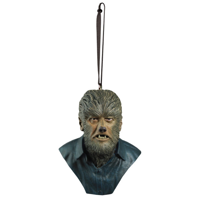 Ornament, front view.  Wolfman bust, head, shoulders and upper chest.  Wolfman face covered in brown fur, with canine-like nose and mouth, wearing dark collared shirt.