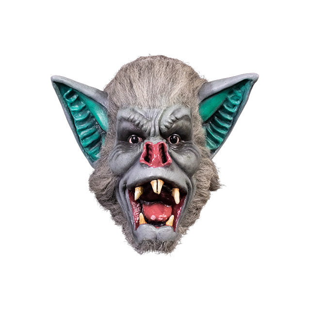 Mask. Bat face.  Gray fur on head cheeks and chin. Large gray ears, blue inside.  Pink bat nose. Mouth wide open showing tongue and 6 sharp teeth.