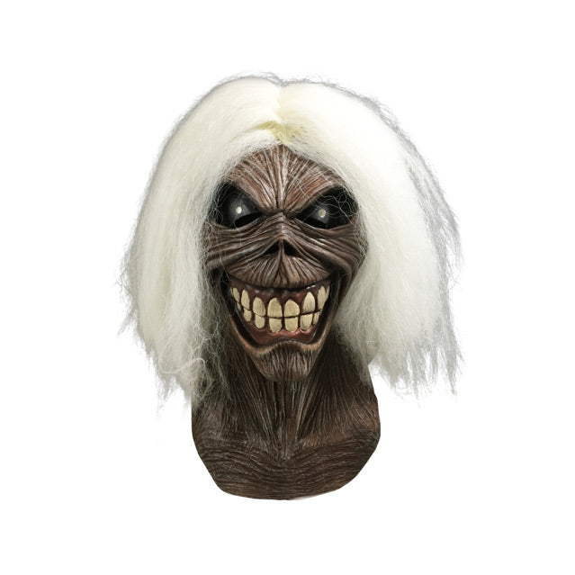 Mask, head and neck, front view. Iron Maiden Eddie, long white hair, black eyes, menacing smile.