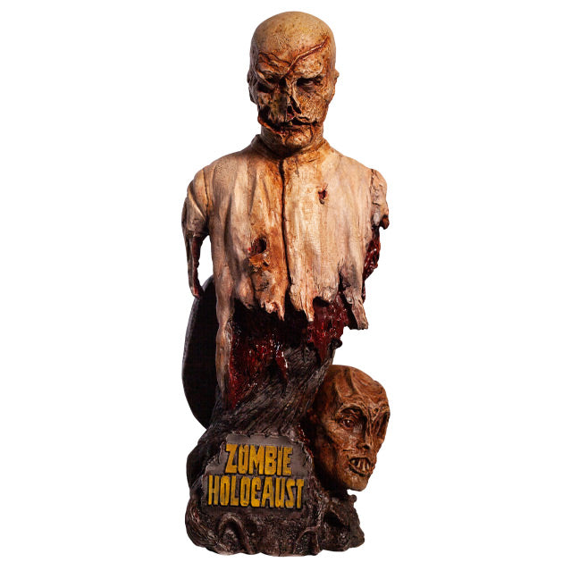 Bust, front view. Rotted zombie head neck and upper torso, wearing dirty tattered beige clothing. Gore around shoulders and bottom of torso. Face has rotting flesh, black eyes, large gash across forehead and right eye. Base is wood textured, severed head at bottom, plaque in front with yellow text reading Zombie Holocaust.