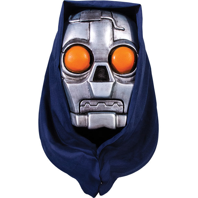 Mask.  Silver metallic robot face, large orange circle eyes.  Wearing dark blue hood.