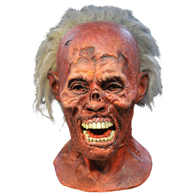 Mask, head and neck, front view. Decaying pink flesh, receded hairline with medium length white shaggy hair.  Missing eyes, skin on nose and lips, mouth open, showing teeth, tongue and gums.