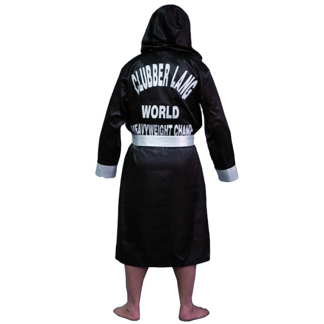 Back view, person wearing hooded black satin robe, white trim and cuffs.  White text reads Clubber Lang, World heavyweight champ.