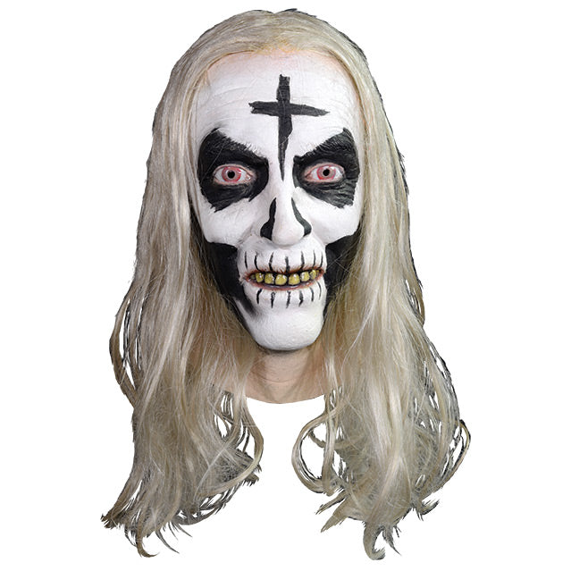  Mask head and neck, long blond hair, white face with black cross on forehead, black makeup around eyes, mouth and cheeks like a skull.
