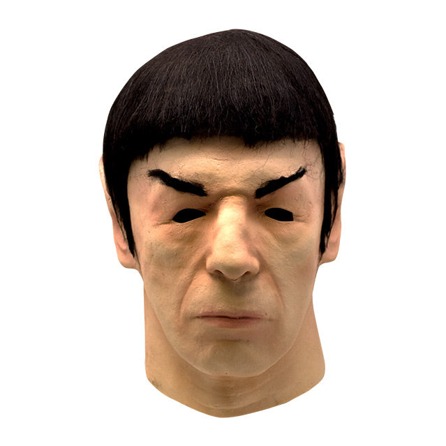 Mask, head and neck, front view.  Spock face, black hair, upturned black eyebrows, pointy ears.