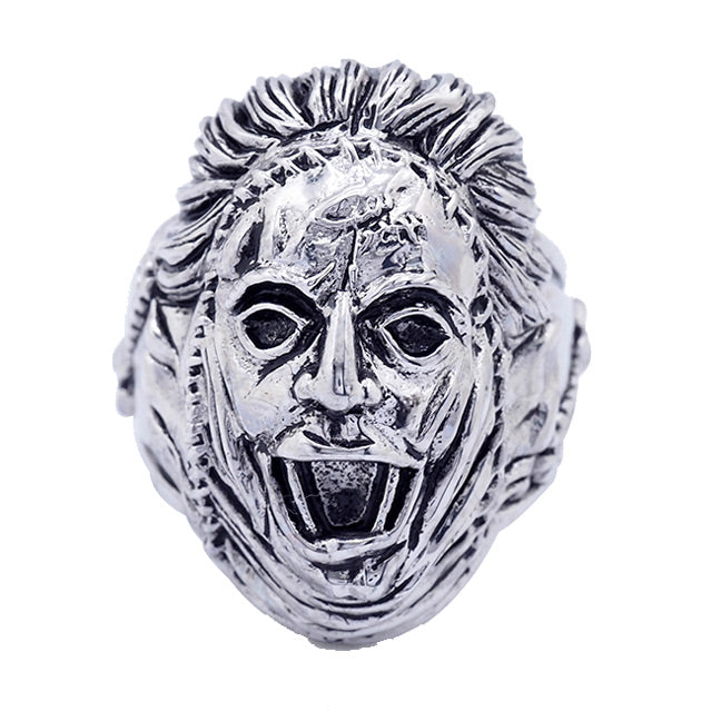 Leatherface, Brass ring, silver plated, front view. 