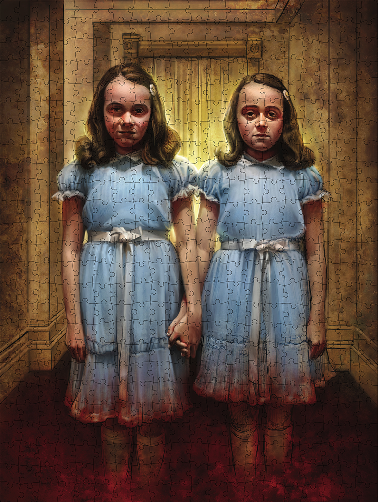 Assembled puzzle, Illustration of two identical girls holding hands, light brown hair, white barrette on right side of their heads, blue dresses with ruffled shoulders, pink ribbon at their waists.  brown background