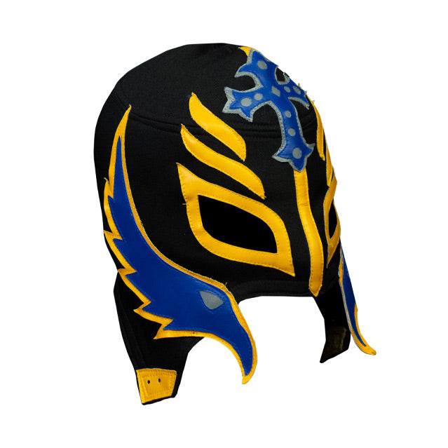 Right view. Black cloth mask with blue and yellow sewn on embellishments.