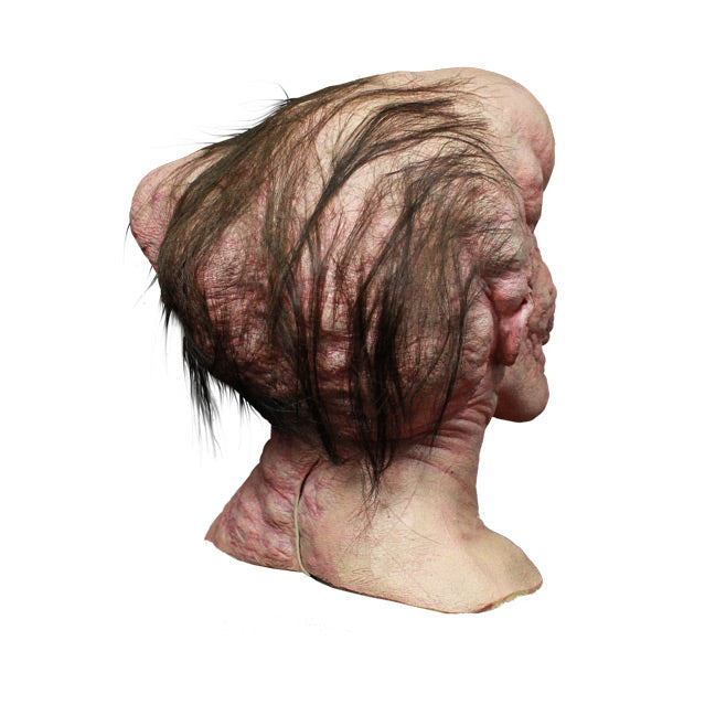 Mask, head, neck and collarbones. back view. The Elephant Man head, enlarged forehead and entire back of head, right side of face enlarged and bumpy, sparse dark hair on sides and back of head.