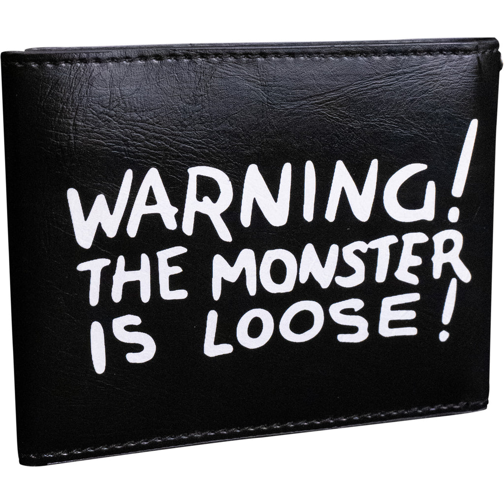 Wallet, back closed view. Black, white text reads Warning! The Monster is loose!