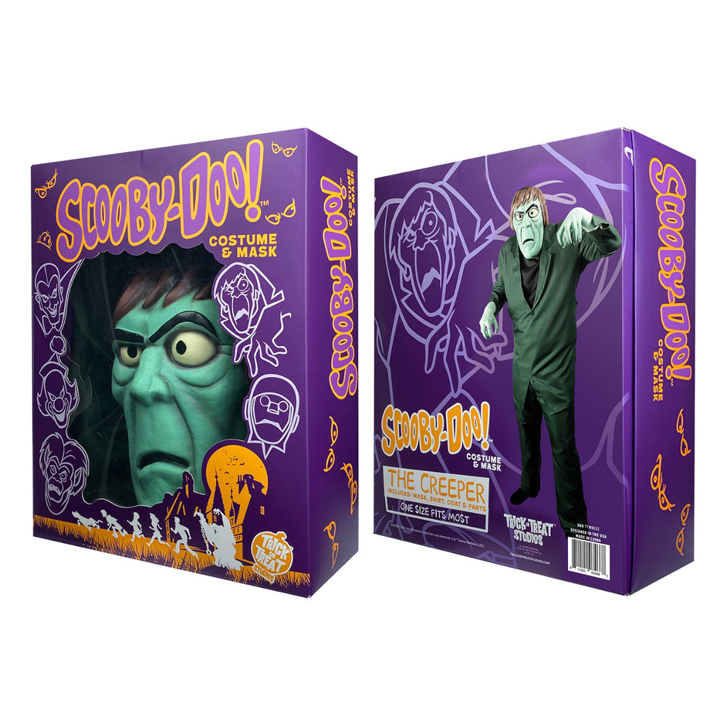 Product packaging.  Purple background, yellow text reads Scooby-doo costume and mask.  Window in box shows mask.  Trick or Treat Studios logo.  Back of box showing person wearing costume and mask.  Manufacturing and licensing information.