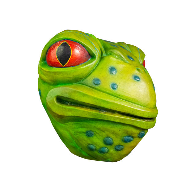 Mask, right view. Bright green frog face with blue spots, large red eyes, 2 small nose holes between eyes. Large, wide mouth and neck.
